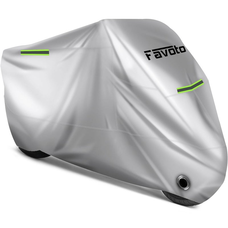 Favoto Motorcycle Cover Waterproof Outdoor Cool Silver Color UV Protection with Reflective Strip Windproof Buckle LockHole Storage Bag Fit 104 inch Vehicle Motorbikes