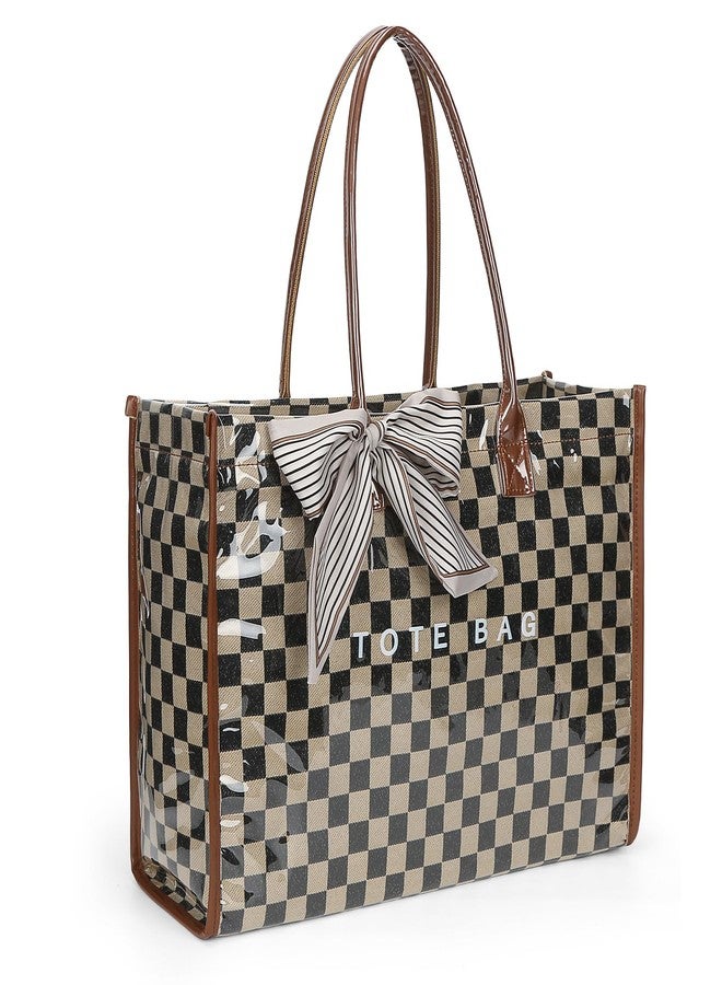 Lushandy PVC Tote Bag for Women, Large Plastic Tote Purse Work Kraft Paper Letter Print Shoulder Bag Carry All Hobo Handbag, Brown Checkered - Image 1