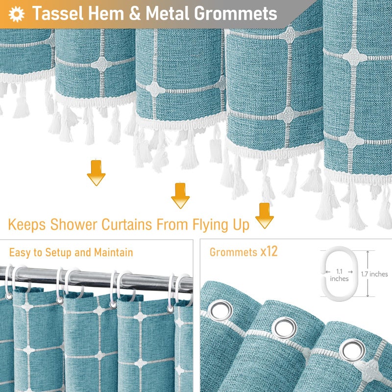 BTTN BTTN 78 Inch Long Shower Curtain  Boho Farmhouse Linen Ultra Thick Fabric Shower Curtain Set with Plastic Hooks  Tall Rustic Country Weighted Cloth Shower Curtains for Bathroom  Teal/Turquoise  72x78 - Image 4