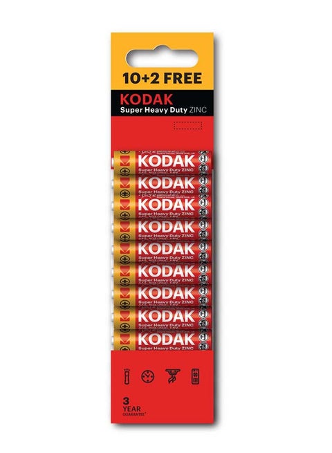 KODAK Super Heavy Duty | AAA Batteries | Triple A | Disposable Household | Carbon Zinc | 1.5V | 12 Blister Pack