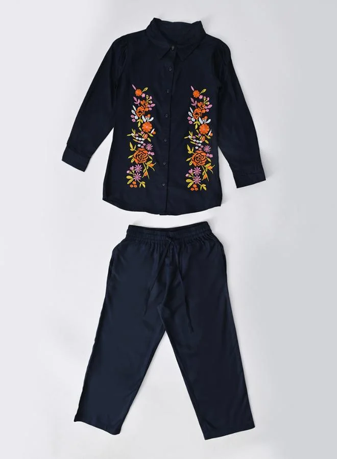 بيلا مودا Girls Navy Blue Embroidered Shirt And Trousers Set