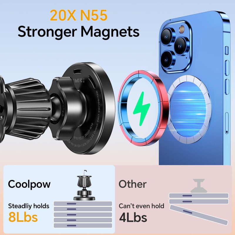 Coolpow for Magsafe Car Mount Chargerã€100% Stableã€‘15W Magsafe Car Charger Magnetic Phone Holders for Your Car Accessories for Women Men Car Phone Holder Wireless Car Charger for iPhone 17 16 15 14 13 - Image 5