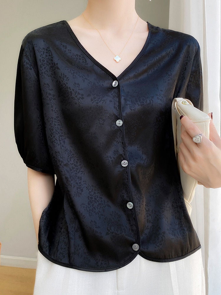 New Chinese Style All-match Simple T-shirt Women's V-neck 2024 Summer Loose plus size Short-sleeved Base Shirt Dark Flower Shirt - Image 3