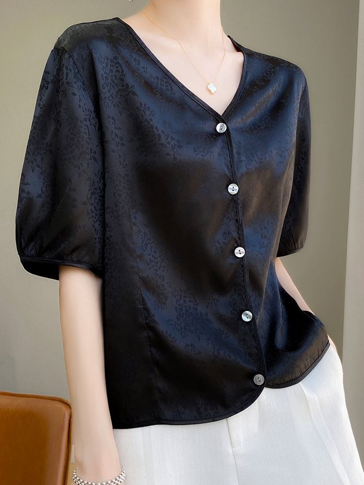 New Chinese Style All-match Simple T-shirt Women's V-neck 2024 Summer Loose plus size Short-sleeved Base Shirt Dark Flower Shirt - Image 5