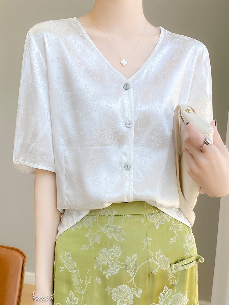 New Chinese Style All-match Simple T-shirt Women's V-neck 2024 Summer Loose plus size Short-sleeved Base Shirt Dark Flower Shirt - Image 4