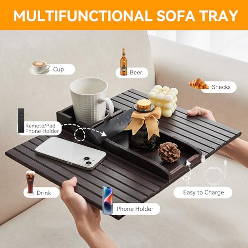 GEHE Bamboo Couch Cup Holder, Anti-Spill Sofa Arm Tray, Natural and Easy to Clean Couch Arm Cup Holder Armrest Tray Perfect for Cups, Beers, Snacks, Remote Control, Drinks - Image 3