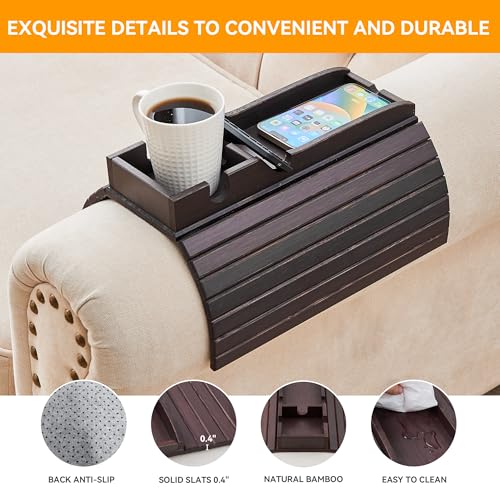 GEHE Bamboo Couch Cup Holder, Anti-Spill Sofa Arm Tray, Natural and Easy to Clean Couch Arm Cup Holder Armrest Tray Perfect for Cups, Beers, Snacks, Remote Control, Drinks - Image 4
