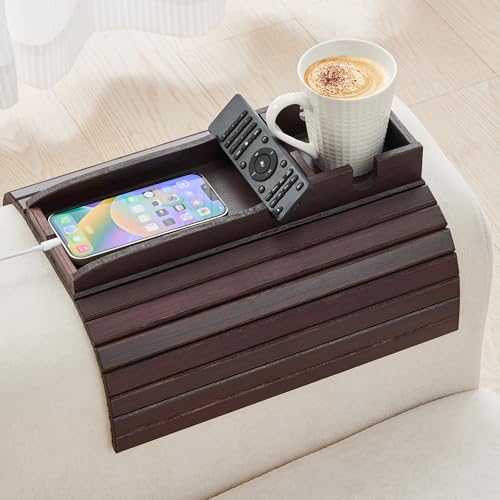 GEHE Bamboo Couch Cup Holder, Anti-Spill Sofa Arm Tray, Natural and Easy to Clean Couch Arm Cup Holder Armrest Tray Perfect for Cups, Beers, Snacks, Remote Control, Drinks - Image 1