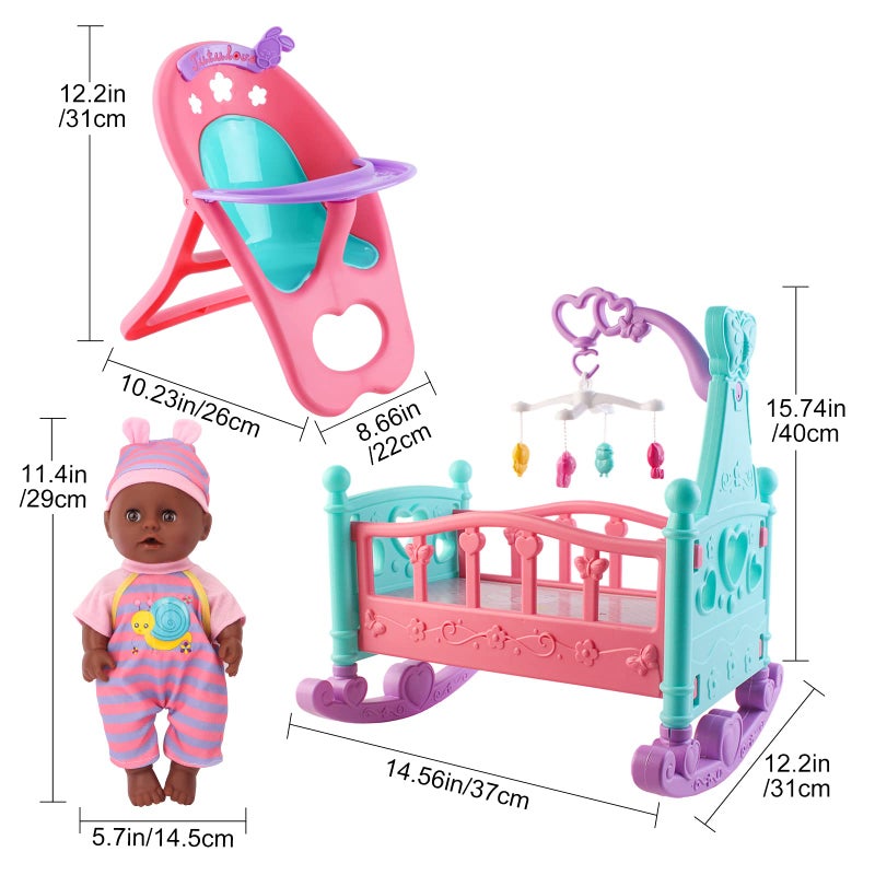 deAO Black Baby Doll Set with Crib American Baby Doll Set Mobile High Chair Stroller Feeding Accessories 21 Pieces Play Set (Baby Doll Included) - Image 5