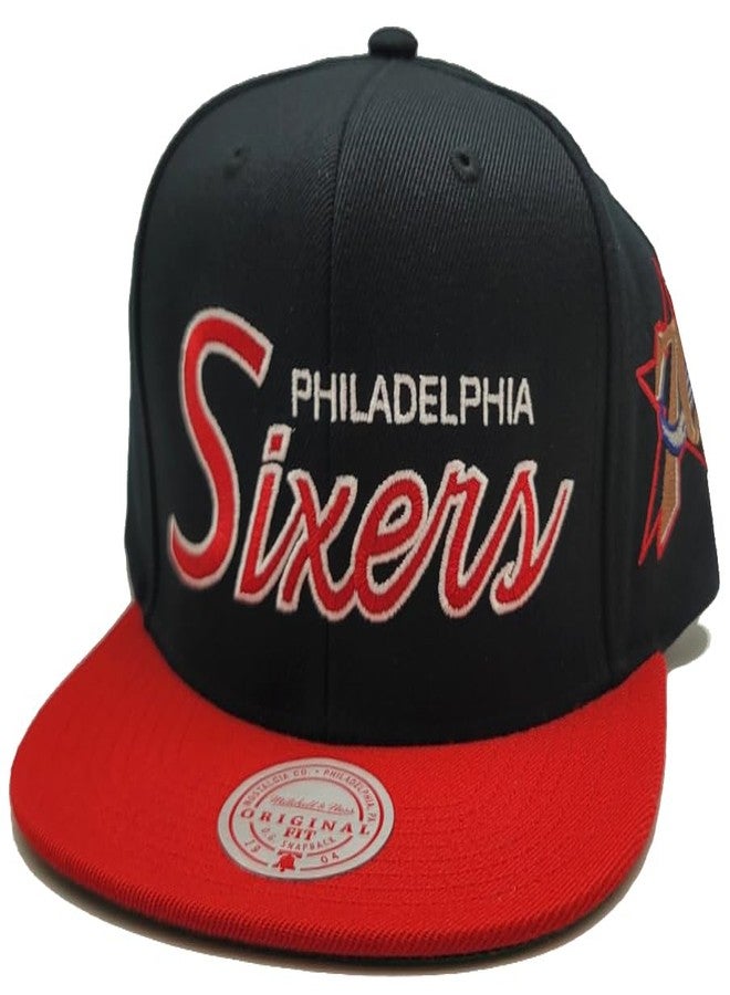 Mitchell & Ness Philadelphia 76ers New Retro Script Black Red Era Snapback Hat Cap - Image 2