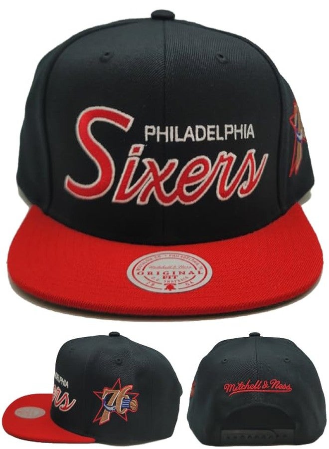 Mitchell & Ness Philadelphia 76ers New Retro Script Black Red Era Snapback Hat Cap - Image 1