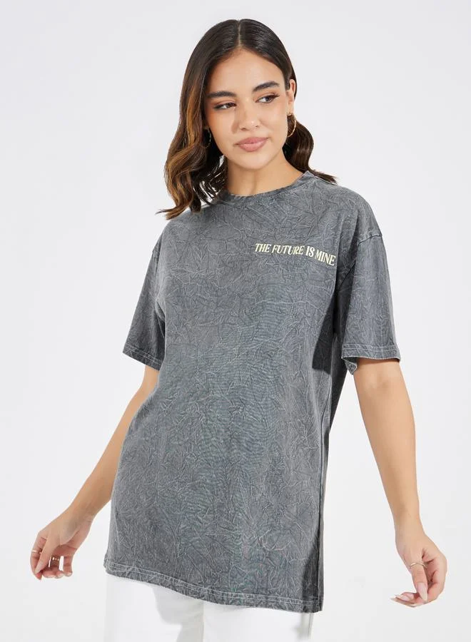 Styli Acid Wash Future Slogan T-Shirt with Dropped Shoulder