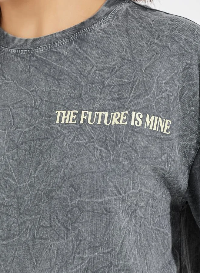 Styli Acid Wash Future Slogan T-Shirt with Dropped Shoulder