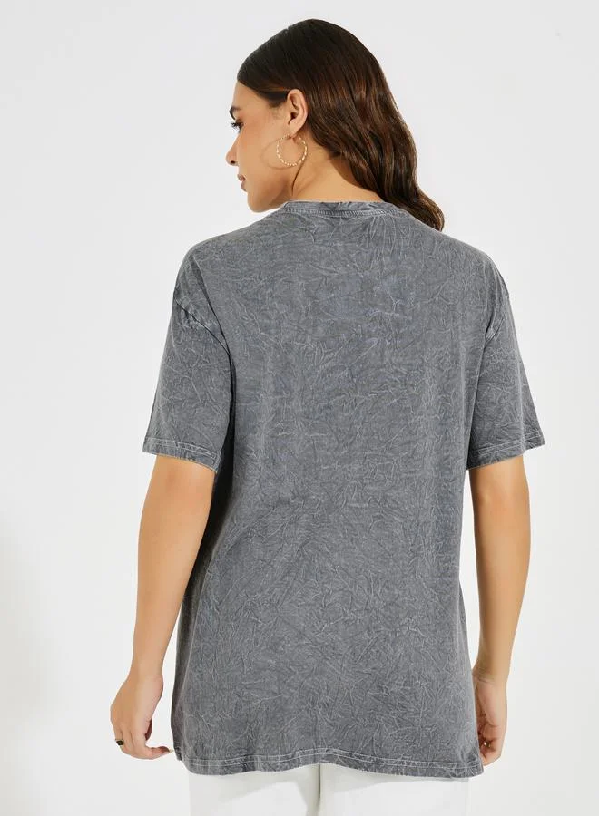 Styli Acid Wash Future Slogan T-Shirt with Dropped Shoulder