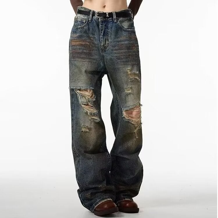 Vintage Wasteland Tie-Dye Ripped Jeans Mens and Womens Slim-looking Washed Niche Design Micro-scallop Trousers Blue 