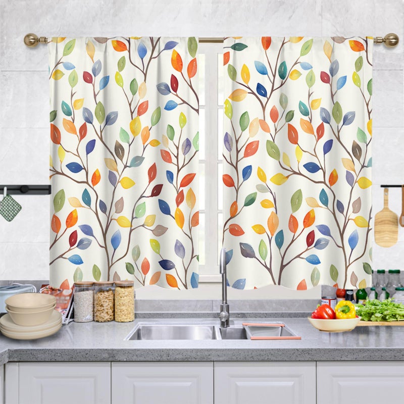 Mightree Floral Rustic Kitchen Curtains - Farmhouse Botanical Tier Drapes Kitchen Window Curtains 39 Inch x 27.5 Inch, Colorful Leaves Rod Pocket, 2 Panels Set (Cafe/Country Decor) - Image 1
