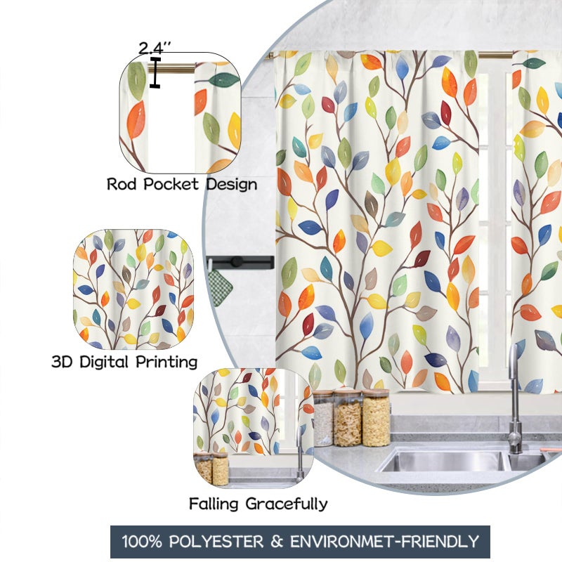 Mightree Floral Rustic Kitchen Curtains - Farmhouse Botanical Tier Drapes Kitchen Window Curtains 39 Inch x 27.5 Inch, Colorful Leaves Rod Pocket, 2 Panels Set (Cafe/Country Decor) - Image 4