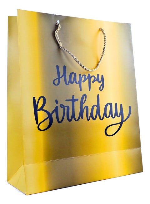 Elegant Luxury Happy Birthday Text Celebration Wrap Present Paper Gift Bag Golden Color for him her men and women chic with handles | Large Size 26 x 32 x 10