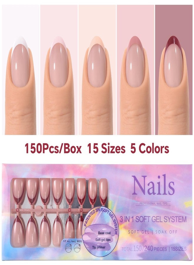Rolabling 150Pcs Gel Press On Nails 8 Trendy Designs in 5 Colors 15 Sizes False Nails Kit Salon Quality Acrylic Nail Tips French & Solid Color Fake Nails Extensions (04, 5 Colors) - Image 2