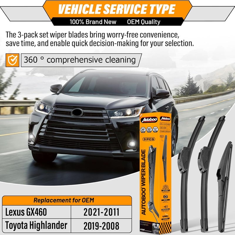 AUTOBOO 26"+20" Windshield Wipers with 12" Rear Wiper Blade Replacement for Toyota Highlander 2019 2018 2017 2016 2015 2014 2013 2012-2008 Lexus GX460 2021-2011-Original Factory Quality (Pack of 3) - Image 2