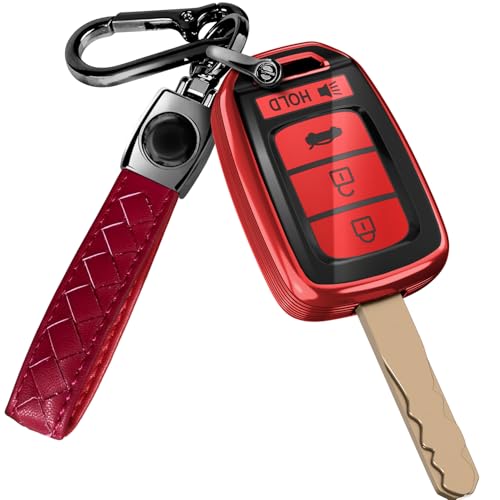 Lucrum Compatible with Honda Key Fob Cover Leather Keychain TPU Keyfob Case for Accord Civic CRV HRV Pilot Ridgeline SE LX For 4 Button Remote 20142022 Red and Black - Image 1