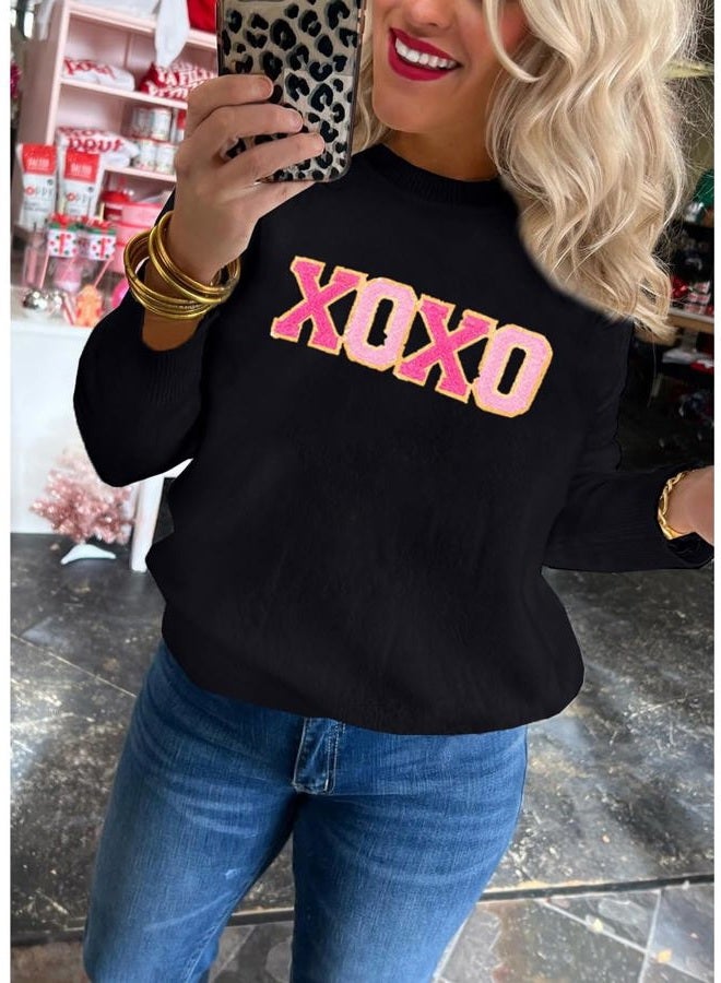 SELINK Women's Valentines Sweater Crew Neck XOXO Heart Print Casual Long Sleeve Pullover Tops Sweaters Black XOXO-L - Image 3