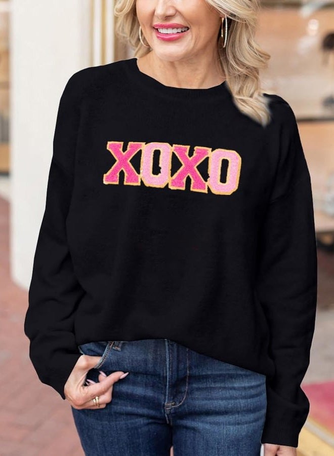 SELINK Women's Valentines Sweater Crew Neck XOXO Heart Print Casual Long Sleeve Pullover Tops Sweaters Black XOXO-L - Image 2