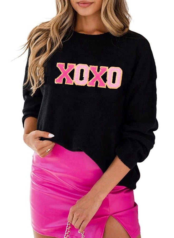SELINK Women's Valentines Sweater Crew Neck XOXO Heart Print Casual Long Sleeve Pullover Tops Sweaters Black XOXO-L - Image 1