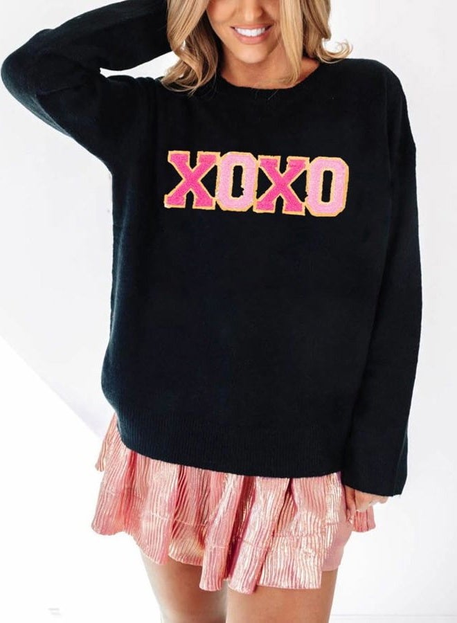 SELINK Women's Valentines Sweater Crew Neck XOXO Heart Print Casual Long Sleeve Pullover Tops Sweaters Black XOXO-L - Image 4