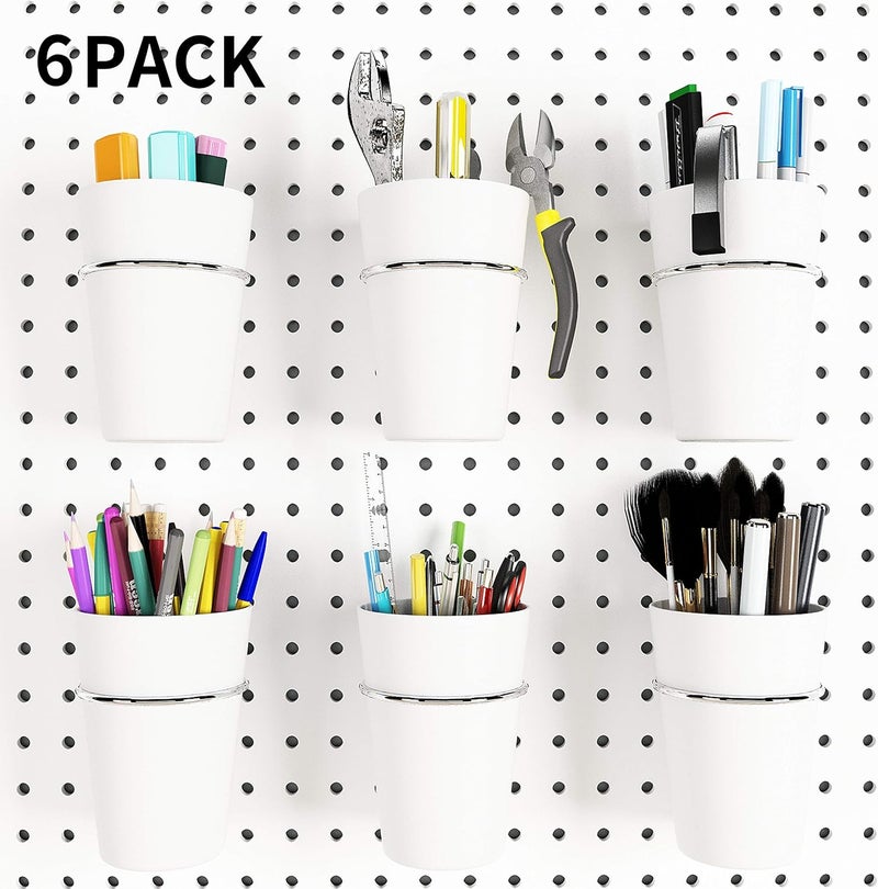 Kuhome 6 Sets Pegboard Hooks with Pegboard Cups, Ring Style Pegboard Bins with Rings, Pegboard Cup Holder Accessories for Organizing Storage (White) - Image 1