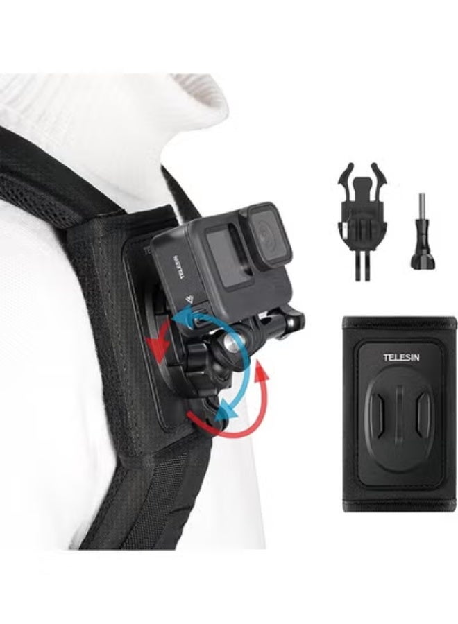 TELESIN 360 Backpack Mount Shoulder Strap Bag Clip Holder Attach w Quick Release Tripod Adapter Base for GoPro Max Go Pro Hero 12 11 10 9 8 7 Insta360 X3 GO3 DJI Action 3 4 Bike Motorcycle Accessories