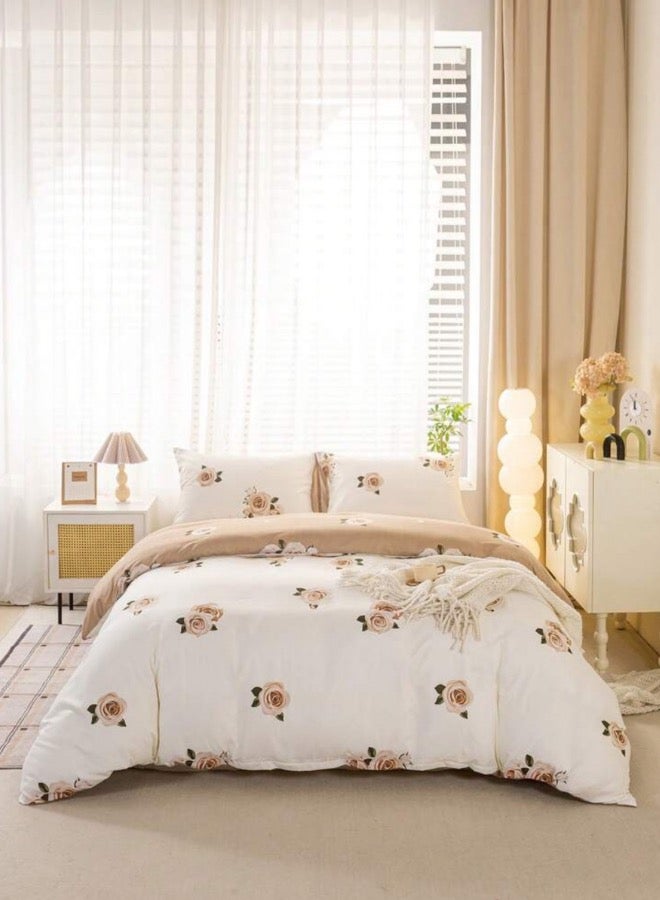 LUNA Home King 6-piece beige duvet cover set featuring a beautiful rose design and reversible style.  - Image 1