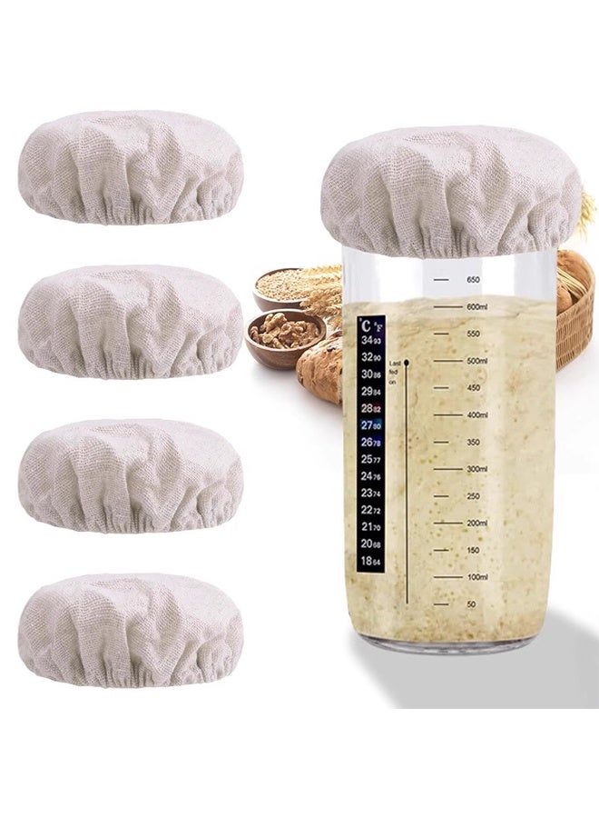 أغطية جرار خميرة العجين المخمر (Sourdough) - عبوة من 5 قطع قماشية قابلة لإعادة الاستخدام لأغطية جرار العجين المطاطية، أغطية قماشية غير مبيضة لتخمير الخبز لأغلب جرار ميزة Mason زجاجية بحجم 3-4 إنش - Image 1