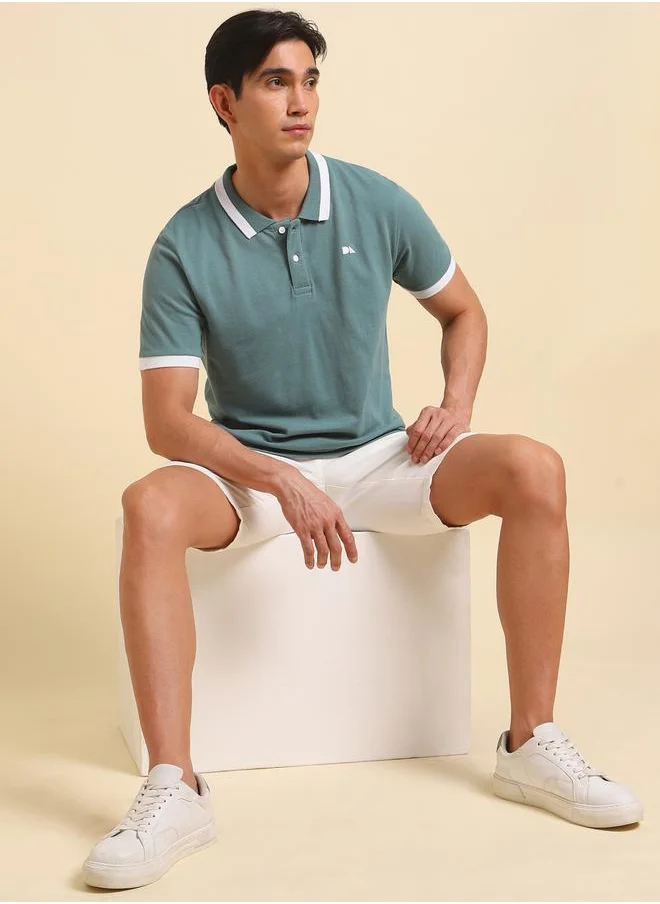 دينيس لينغو Green Solid Regular Fit Polo Neck T-shirt for Men - 100% Cotton, Half Sleeves, Casual,