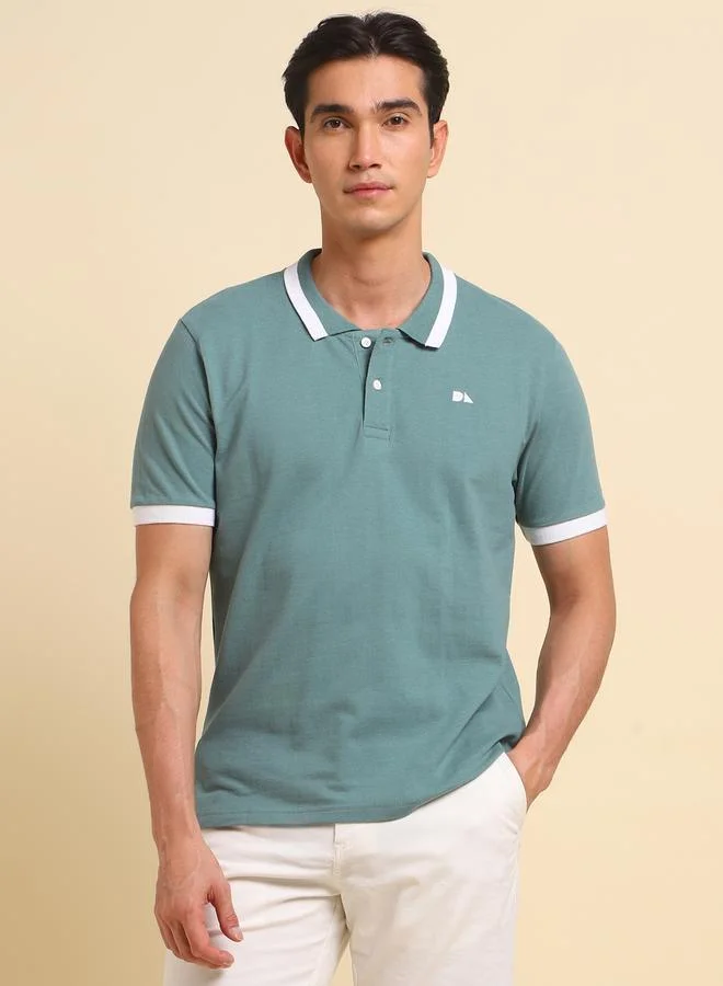 Dennis Lingo Green Solid Regular Fit Polo Neck T-shirt for Men - 100% Cotton, Half Sleeves, Casual,