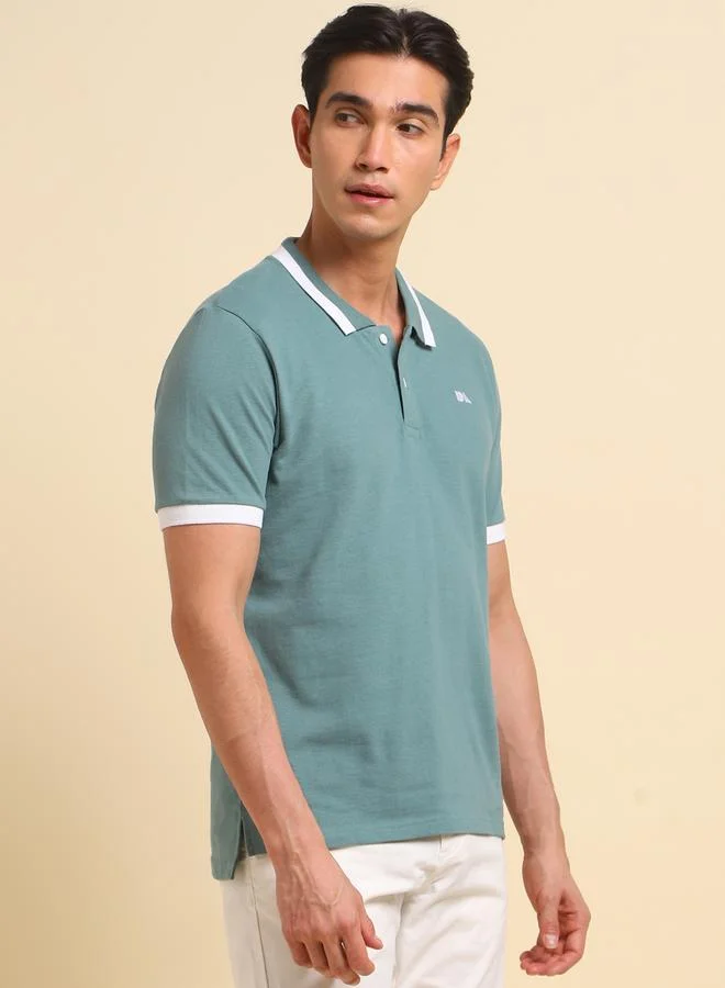 Dennis Lingo Green Solid Regular Fit Polo Neck T-shirt for Men - 100% Cotton, Half Sleeves, Casual,