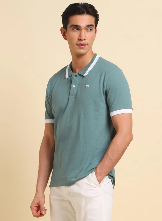 Dennis Lingo Green Solid Regular Fit Polo Neck T-shirt for Men - 100% Cotton, Half Sleeves, Casual,