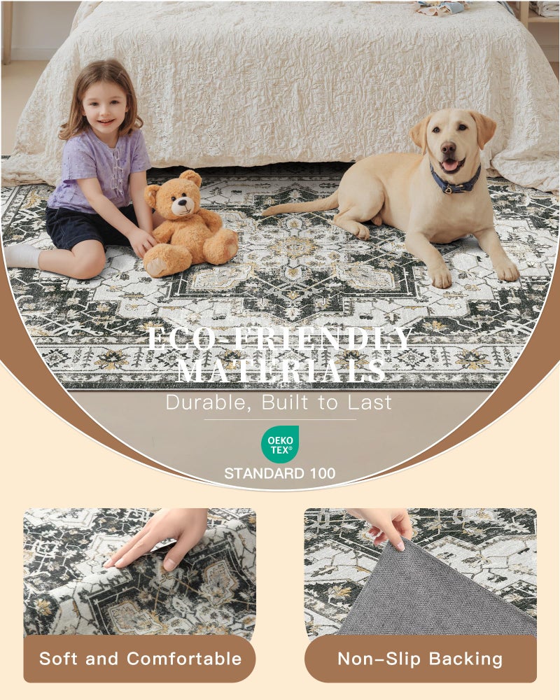 Madane Runner Rug 2x8, Washable Hallway Runner Rugs, Non-Slip Low-Pile Soft Kitchen Rug Runner Laundry Room Rug, Vintage Throw Entry Foyer Mat for Entrance Living Room (Black, 2 x 8) - Image 5