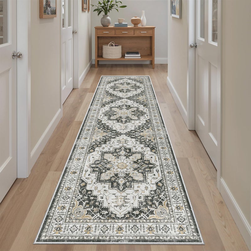 Madane Runner Rug 2x8, Washable Hallway Runner Rugs, Non-Slip Low-Pile Soft Kitchen Rug Runner Laundry Room Rug, Vintage Throw Entry Foyer Mat for Entrance Living Room (Black, 2 x 8) - Image 2