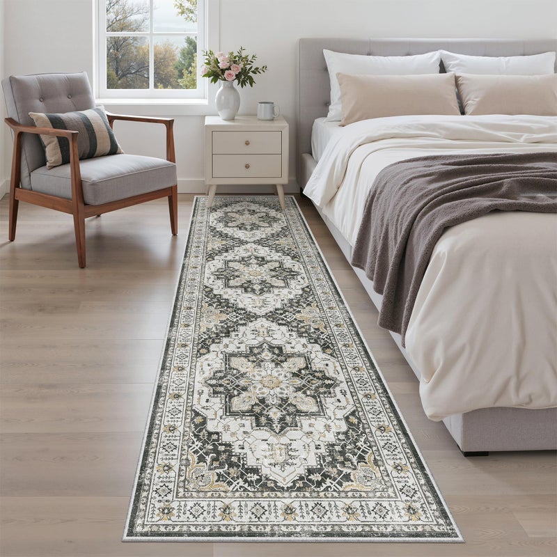 Madane Runner Rug 2x8, Washable Hallway Runner Rugs, Non-Slip Low-Pile Soft Kitchen Rug Runner Laundry Room Rug, Vintage Throw Entry Foyer Mat for Entrance Living Room (Black, 2 x 8) - Image 3