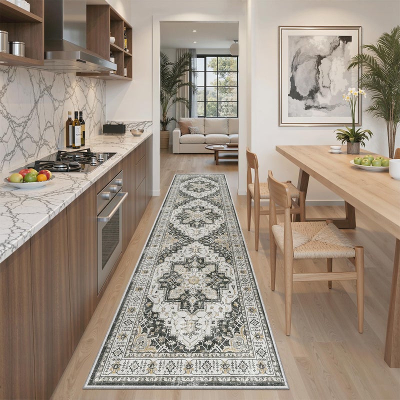 Madane Runner Rug 2x8, Washable Hallway Runner Rugs, Non-Slip Low-Pile Soft Kitchen Rug Runner Laundry Room Rug, Vintage Throw Entry Foyer Mat for Entrance Living Room (Black, 2 x 8) - Image 1