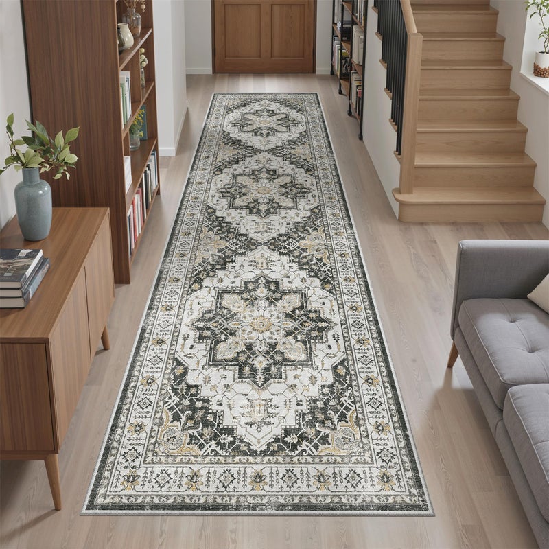 Madane Runner Rug 2x8, Washable Hallway Runner Rugs, Non-Slip Low-Pile Soft Kitchen Rug Runner Laundry Room Rug, Vintage Throw Entry Foyer Mat for Entrance Living Room (Black, 2 x 8) - Image 4