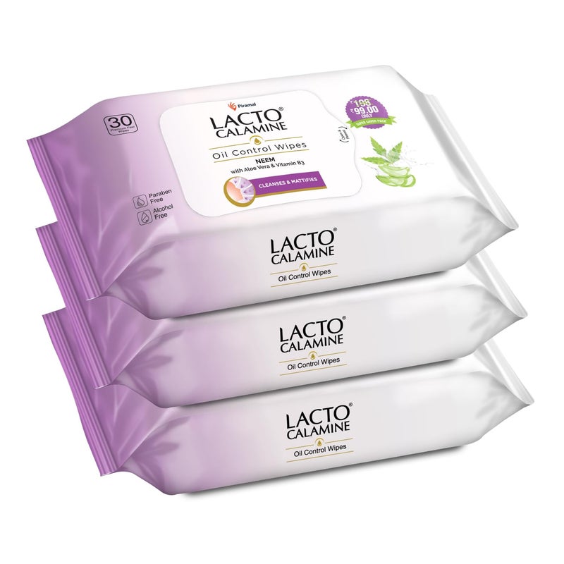 Lacto Calamine Oil Control Face Wipes  30 N each Pack of 3  Wet Wipes for Face With Neem Aloe Vera  Niacinamide  Makeup Remover Wipes  Hydrating Refreshing Soothing  Pararben  Alcohol Free - Image 1