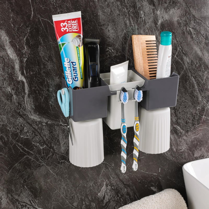 Jinila Self Adhesive Magic Sticker Toothpaste Tongue Cleaner Comb Holder with 2 Gargle Cup and Hanging Toothbrush Holder Multipurpose Bathroom Storage Organizer (Pack of 1, Gray and Cream) - Image 3