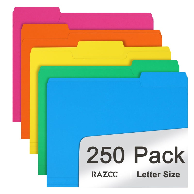 RAZCC File Folder, RAZCC 250 Pack 1/3 Cut Tab Colored Folders, Colored File Folder Letter Size for Office Classroom Use, Folders with Tabs Assorted 5 Colors - Image 1