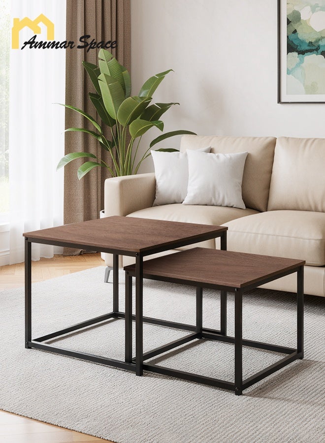 Ammar Space Nesting Square Coffee Table Set of 2 60cm and 50cm Walnut Design Coffee Table Modern Minimalist Side Tables for Small Spaces Living Room Bedroom Office Balcony Multi Functional Storage Tea Table - Image 1