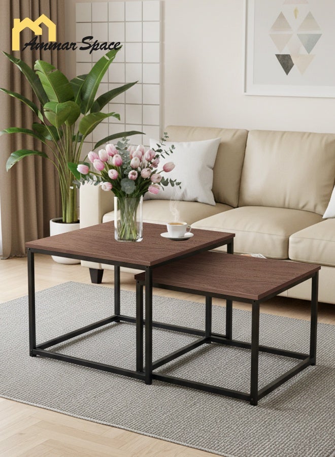 Ammar Space Nesting Square Coffee Table Set of 2 60cm and 50cm Walnut Design Coffee Table Modern Minimalist Side Tables for Small Spaces Living Room Bedroom Office Balcony Multi Functional Storage Tea Table - Image 2