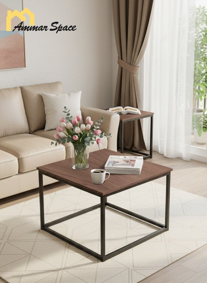 Ammar Space Nesting Square Coffee Table Set of 2 60cm and 50cm Walnut Design Coffee Table Modern Minimalist Side Tables for Small Spaces Living Room Bedroom Office Balcony Multi Functional Storage Tea Table - Image 3