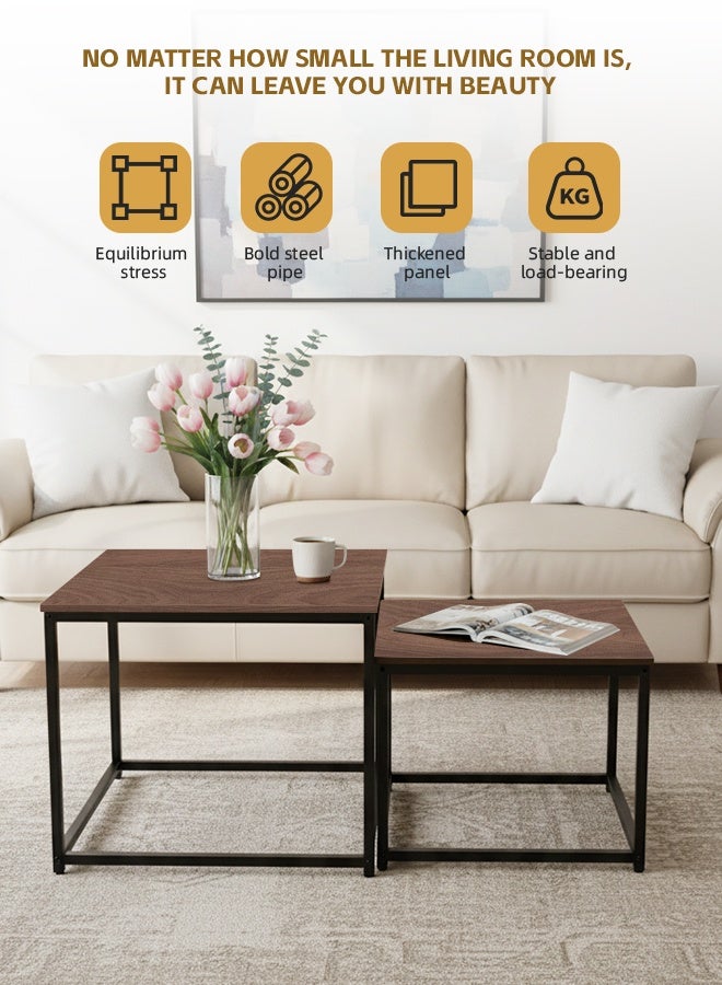 Ammar Space Nesting Square Coffee Table Set of 2 60cm and 50cm Walnut Design Coffee Table Modern Minimalist Side Tables for Small Spaces Living Room Bedroom Office Balcony Multi Functional Storage Tea Table - Image 4