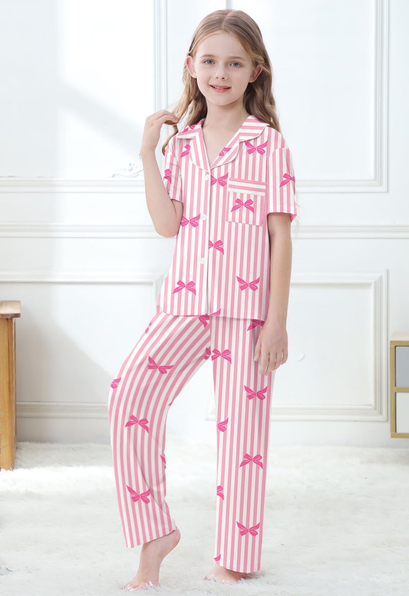Umeyda Girls Lyocell Pajamas Set Short Sleeve Button Down Sleepwear Nightwear Pjs Set, Pink Striped Bow, 7-8 Years = Tag 140 - Image 5